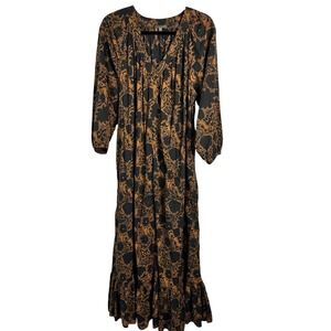 Lilla P Womens Cotton Floral Print V-Neck Boho Maxi Dress Black Tan Sz M Pockets